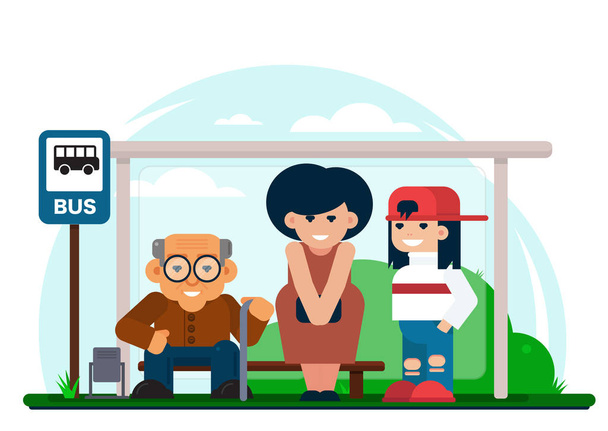 Cheerful multi generational people standing on bus stop and waiting for vehicle to arrive. - Vector, Image
