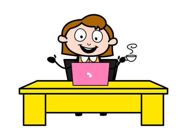 Πίνοντας τσάι κατά τη διάρκεια βίντεο συνομιλίας-ρετρό γραφείο κορίτσι καροτσάκι υπαλλήλου - Διάνυσμα, εικόνα