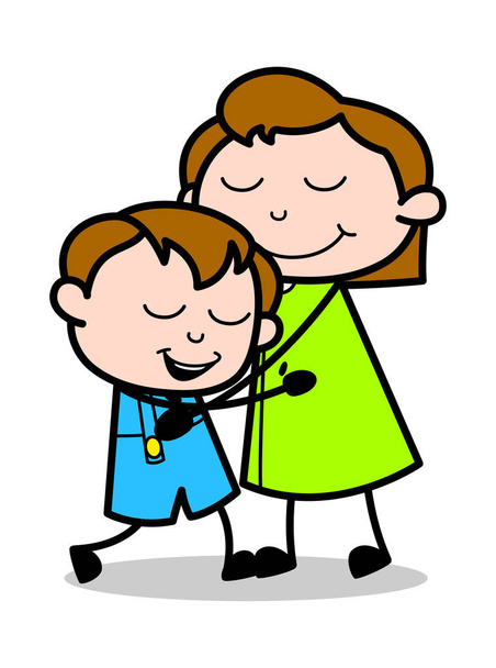 Mutter umarmt ihren Sohn - Retro-Büromädchen Mitarbeiter Cartoon-Vektor  - Vektor, Bild