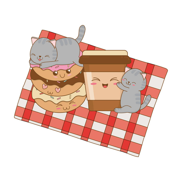 aranyos kis macska fánk kawaii karakterekkel - Vektor, kép