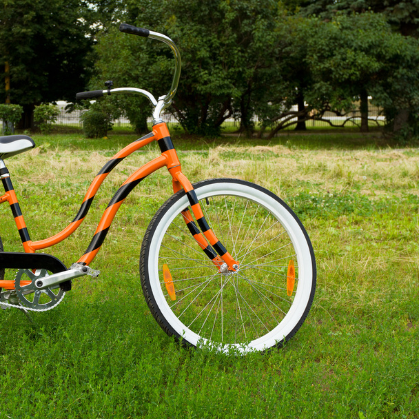 An orange bicycle standing on green meadow - Foto, Imagen