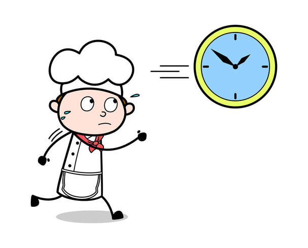 läuft hinter der Uhr - Zeichentrickkellner männlicher Koch Vektor illus - Vektor, Bild