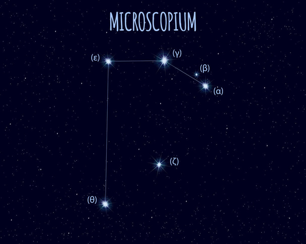 Mikroskopie (das Mikroskop) -Sternbild, Vektorillustration mit Basissternen gegen den Sternenhimmel - Vektor, Bild
