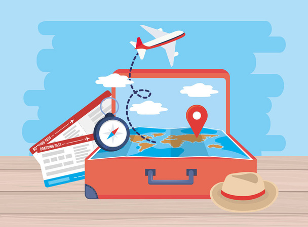 billetes con avión y mapa global ubicación dentro de equipaje
 - Vector, imagen