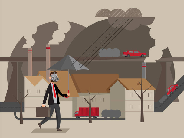 Vektorová ilustrace muže nosí masku, aby prošla prostorem s těžkým znečištěním vzduchu - Vektor, obrázek