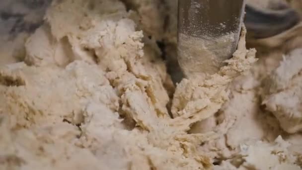 Close-up van het kneden van het deeg in mixer met meel. Stock footage. Kleine wringt van meel worden toegevoegd aan het mengen van deeg in industriële mixer in bakkerij - Video