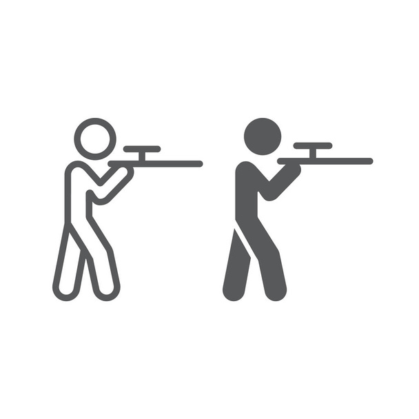 シューティングラインとグリフアイコン、狩猟と散弾銃、リッフルサインを持つ男、ベクトルグラフィックス、白い背景に線形パターン. - ベクター画像