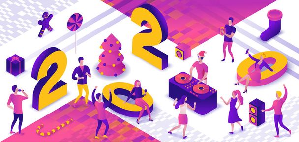 New year party 3d isometric illustration, dj playing club disco music, people dancing, christmas tree, present, holiday poster, night winter event vector concept, violet, yellow, pink colors - Vetor, Imagem
