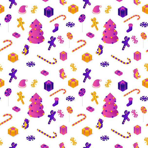 New year 2020 isometric 3d seamless pattern, winter holiday party illustration background, christmas concept backdrop, decorating tree, present, cartoon icons isolated, violet, pink, yellow color - Вектор,изображение