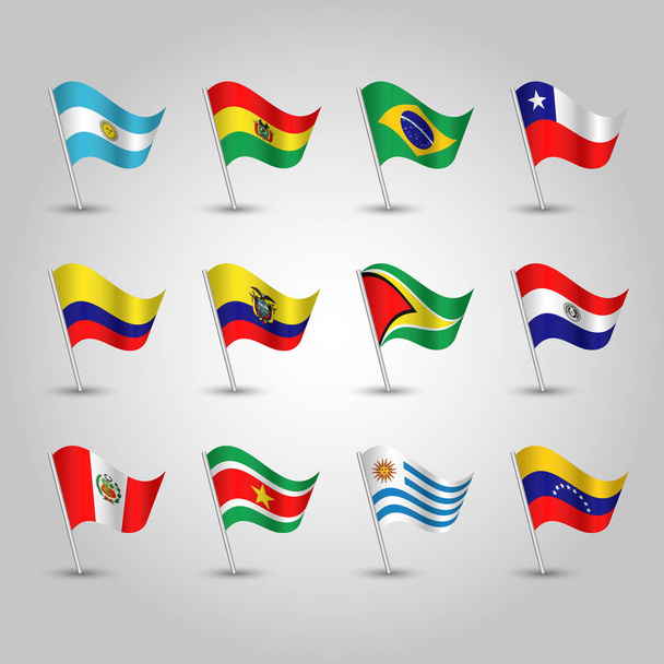 vector set of waving flags southern america on silver pole - icon of states argentina, bolivia, brazil, chile, colombia, ecuador, guyana, paraguay, peru, suriname, uruguay and venezuela - ベクター画像