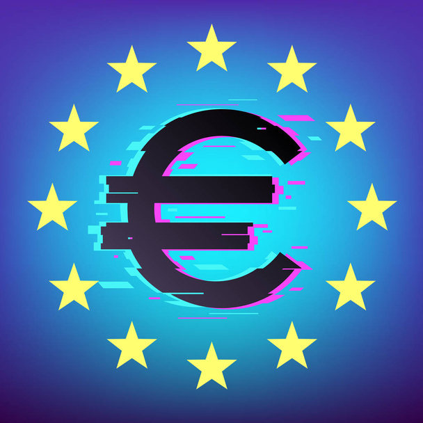 Euro glitched symbol with gold stars circle - Vector, Image