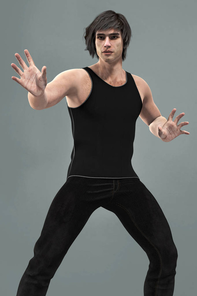Handsome man in contemporary urban fantasy arms outstretched pose - Foto, Imagen