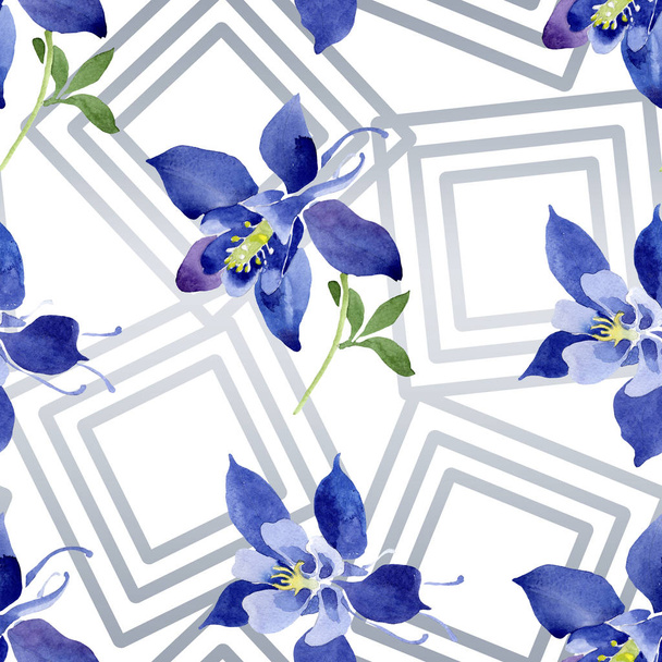 Azul aquilegia flores botánicas florales. Conjunto de ilustración de fondo acuarela. Patrón de fondo sin costuras
. - Foto, Imagen