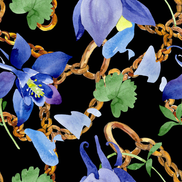 Blue aquilegia floral botanical flowers. Watercolor background illustration set. Seamless background pattern. - Foto, Imagem