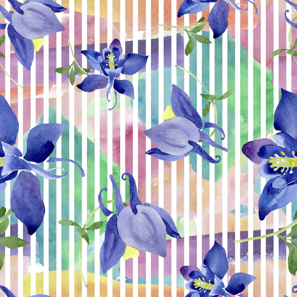 Blue aquilegia floral botanical flowers. Watercolor background illustration set. Seamless background pattern. - Фото, зображення