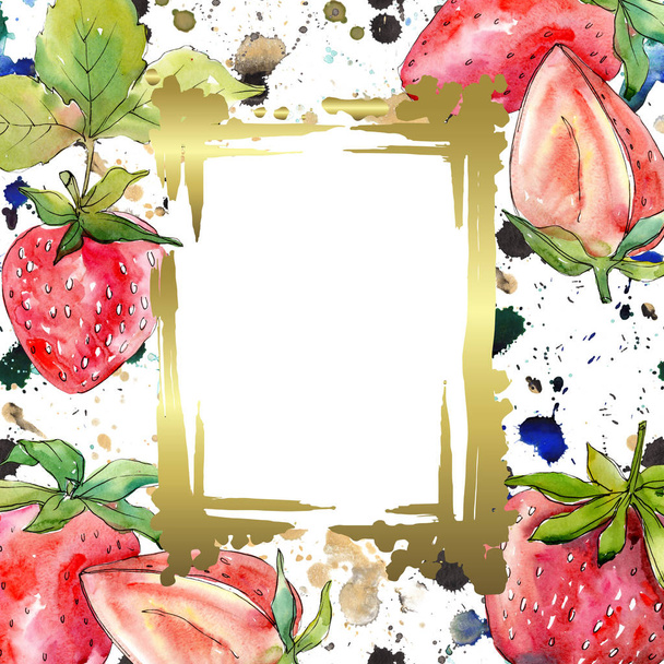 イチゴの健康食品新鮮なベリー。●水彩背景イラストセット。フレームボーダーオーナメント正方形. - 写真・画像