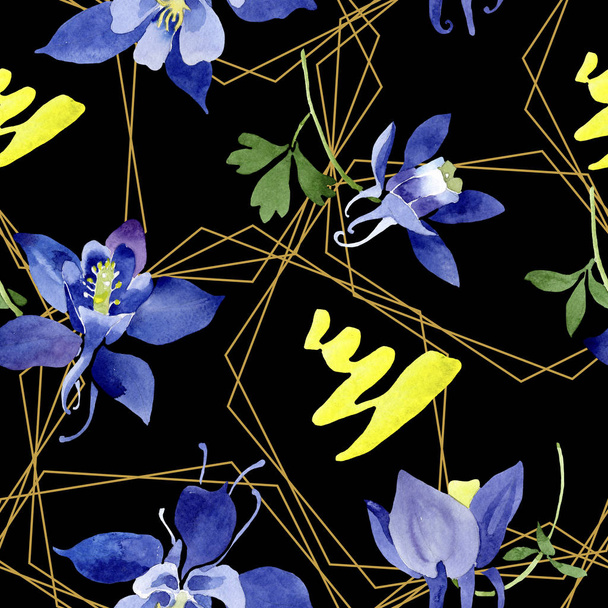 Blaue Aquilegien mit botanischen Blüten. Aquarell Hintergrundillustration Set. nahtloses Hintergrundmuster. - Foto, Bild