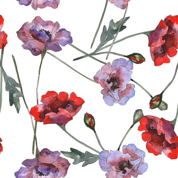 Poppy floral botanical flowers. Watercolor background illustration set. Seamless background pattern. - Fotoğraf, Görsel