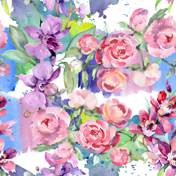 Bouquet avec des fleurs florales de pivoine botanique. Ensemble d'illustration de fond aquarelle. Modèle de fond sans couture
. - Photo, image