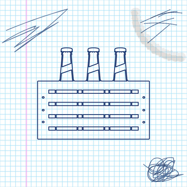 Пачка пляшок пива лінії значок ескізу ізольовані на білому тлі. Дерев'яна коробка і пляшки пива. Ящик для ящика для пива. Векторна ілюстрація
 - Вектор, зображення