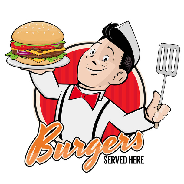 mutlu Şef lezzetli burger işareti hizmet - Vektör, Görsel