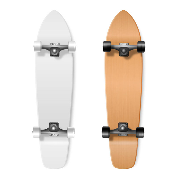 Skateboarding. Vector Realistic 3d Render Blank White and brown Wooden Skateboard Icon Set Closeup Isolated on White Background. Design Template of Skate Board Showing the Top, Bottom View for Mockup - Vecteur, image