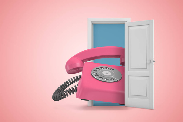 3d rendering of huge pink retro landline phone emerging from open door on pink gradient copyspace background. - Fotó, kép