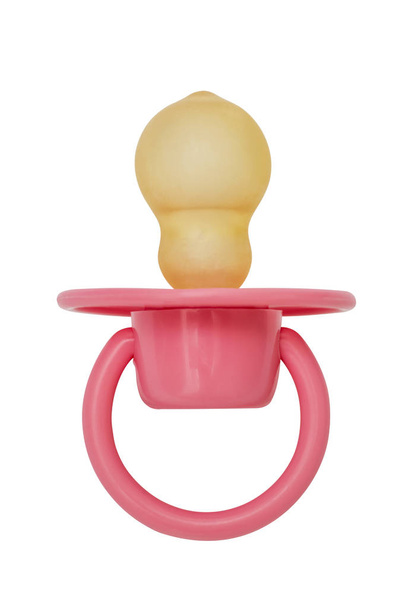 Ортодонтичний пацифіст ізольований на білому. Рожевий дитячий соскунчик ізольований на білому тлі
 - Фото, зображення
