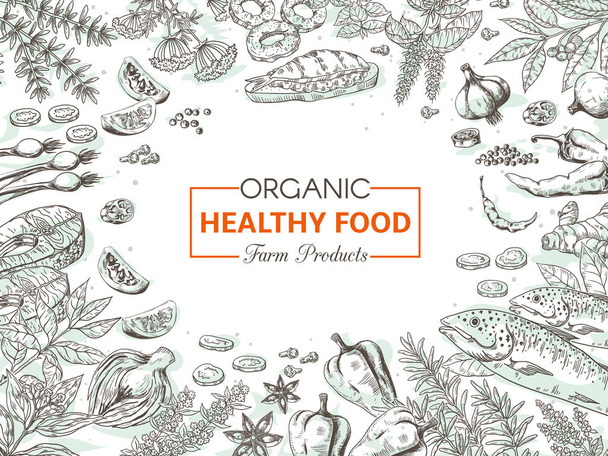 Hand drawn organic food. Healthy vegetables and spices background, gourmet fish menu vintage sketch. Vector menu design elements - Vector, Image