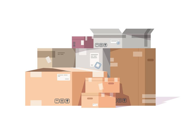 Cajas de cartón apiladas. Paquetes de cartón y paquetes de entrega pila, mercancías de almacén plano y transporte de carga. Cajas aisladas vectoriales
 - Vector, Imagen