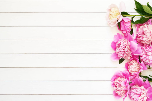 Pink peony flowers on white wooden background. Copy space, top v - Photo, Image