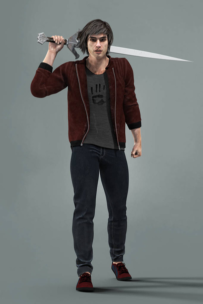 Rendering of an Urban Fantasy Style Man holding a Sword Behind his Head - Fotó, kép