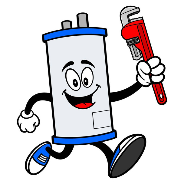 Warmwasserbereiter, der mit einem Rohrschlüssel läuft - eine Zeichentrickillustration eines Warmwasserbereiters, der mit einem Rohrschlüssel läuft. - Vektor, Bild