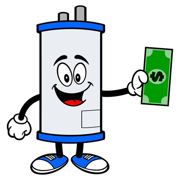 Warmwasserbereiter mit einem Dollar - eine Zeichentrickillustration eines Warmwasserbereiters Maskottchen mit einem Dollar. - Vektor, Bild