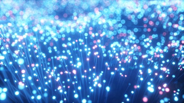 Millionen von Glasfaserkabeln übertragen Signale in einer chaotischen Bewegung. rote und blaue Kabel 3D-Abbildung - Foto, Bild
