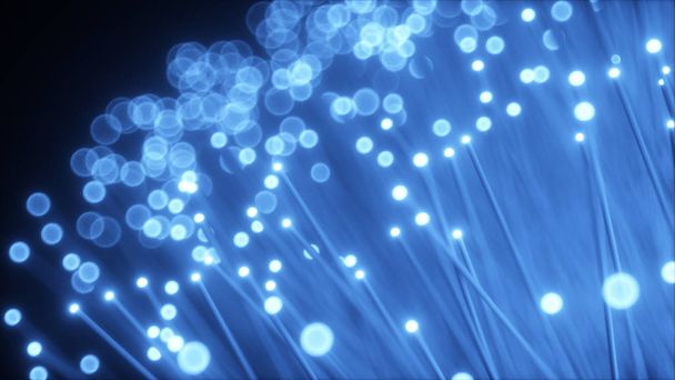 Milyonlarca fiber optik kablo sinyali kaotik bir hareketle iletir. Kırmızı ve mavi kablolar 3d illüstrasyon - Fotoğraf, Görsel