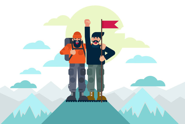 Vrolijke bergbeklimmers met vlag vieren succes na het bereiken van de berg top samen. Succes concept vector illustratie. - Vector, afbeelding