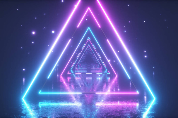Flying through glowing neon triangles with metal floor creating a tunnel with fog, blue pink violet spectrum, fluorescent ultraviolet light, modern vj colorful lighting, 3d illustration - Photo, Image
