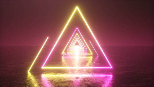 Létání skrz zářící neonové trojúhelníky s kovovou podlahou vytvářejícím tunel s mlhou, žlutě růžové fialové spektrum, fluorescenční ultrafialové světlo, moderní VJ barevné osvětlení, 3D ilustrace - Fotografie, Obrázek