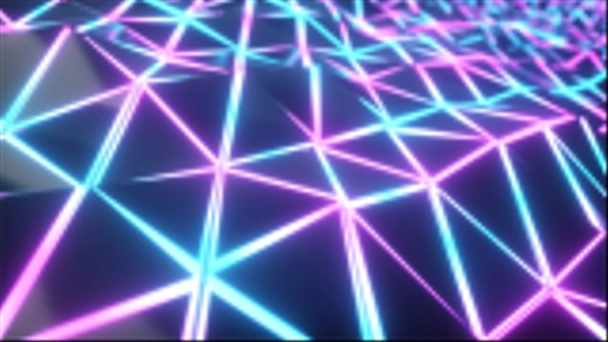 abstrakte cg polygonale neonblaue Oberfläche. geometrische Poly-Lichtdreiecke Bewegungshintergrund. 3D-Illustration - Foto, Bild