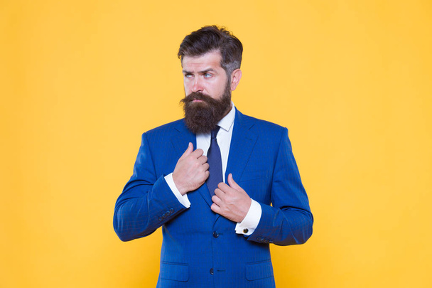 Successful businessman top manager. Businessman concept. Serious motivated entrepreneur. Business strategy. Brutal simplicity of thought. Confident businessman handsome bearded man in formal suit - Photo, image