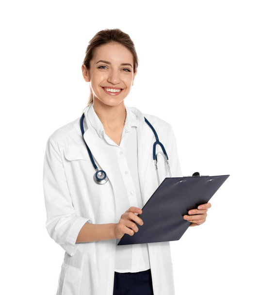 Portrait of medical doctor with clipboard and stethoscope isolated on white - Foto, afbeelding