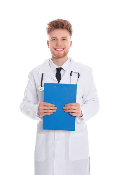Portrait of medical doctor with clipboard and stethoscope isolated on white - Zdjęcie, obraz