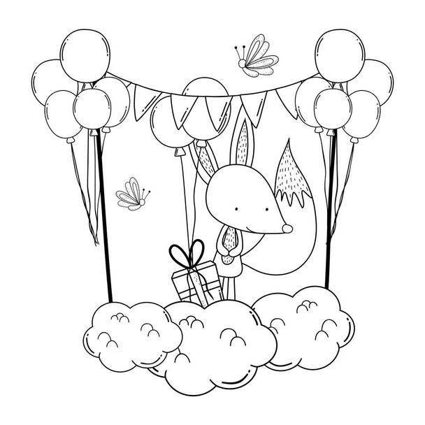 schattige en kleine vos met ballonnen helium - Vector, afbeelding