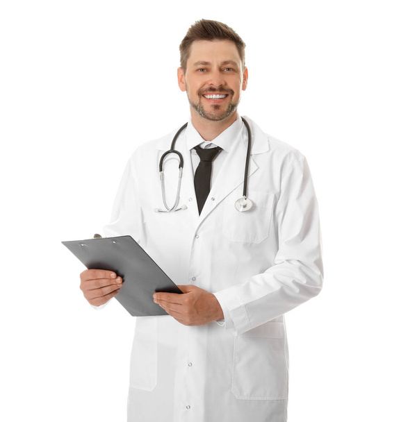 Portrait of male doctor with clipboard isolated on white. Medical staff - Фото, изображение