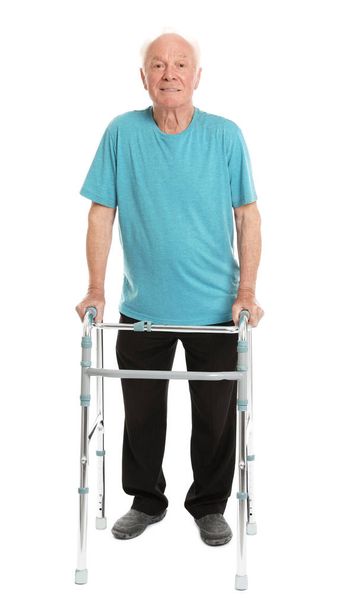Full length portrait of elderly man using walking frame isolated on white - Φωτογραφία, εικόνα