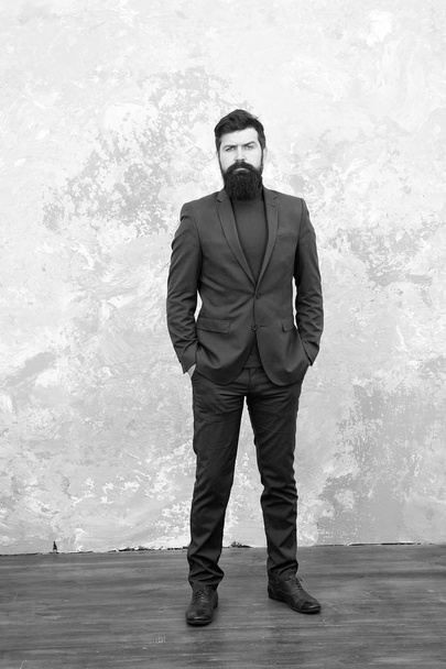 Classic that loved by all. Male formal fashion. Business owner. Business success. Formal business. Bearded man in formal business suit. Bearded man hipster in formal jacket. Confident businessman - Foto, Bild