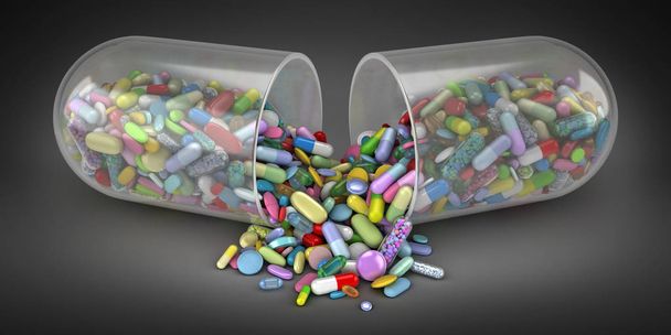 Large pill emptying a pile of colorful pills - 3d render - Photo, Image