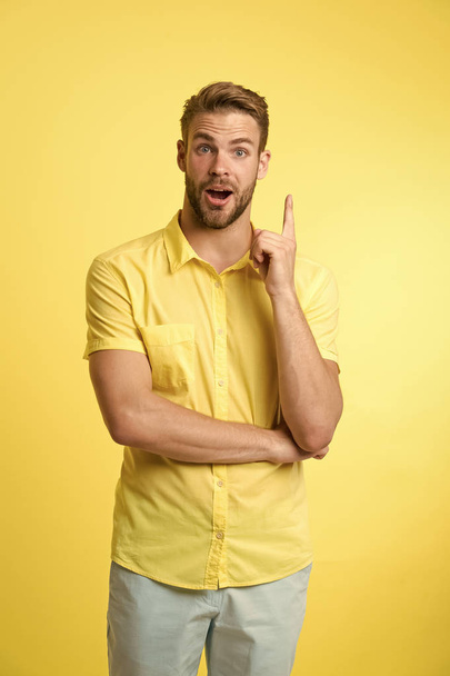 caucasian guy with moustache. Bearded man. Male fashion. Facial care. Mature hipster with beard. man on yellow background. got a great idea. feeling inspired - Fotó, kép