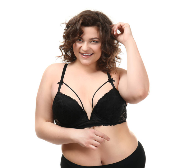 Happy plus size woman on white background. Concept of body positive - Photo, Image